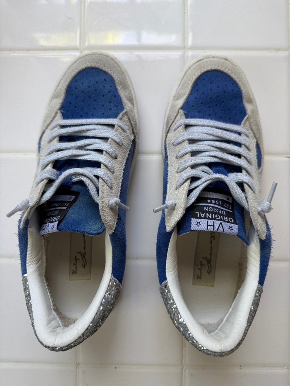 Vintage Havana Blue and Gray Women's Sneakers with Sparkle Heel